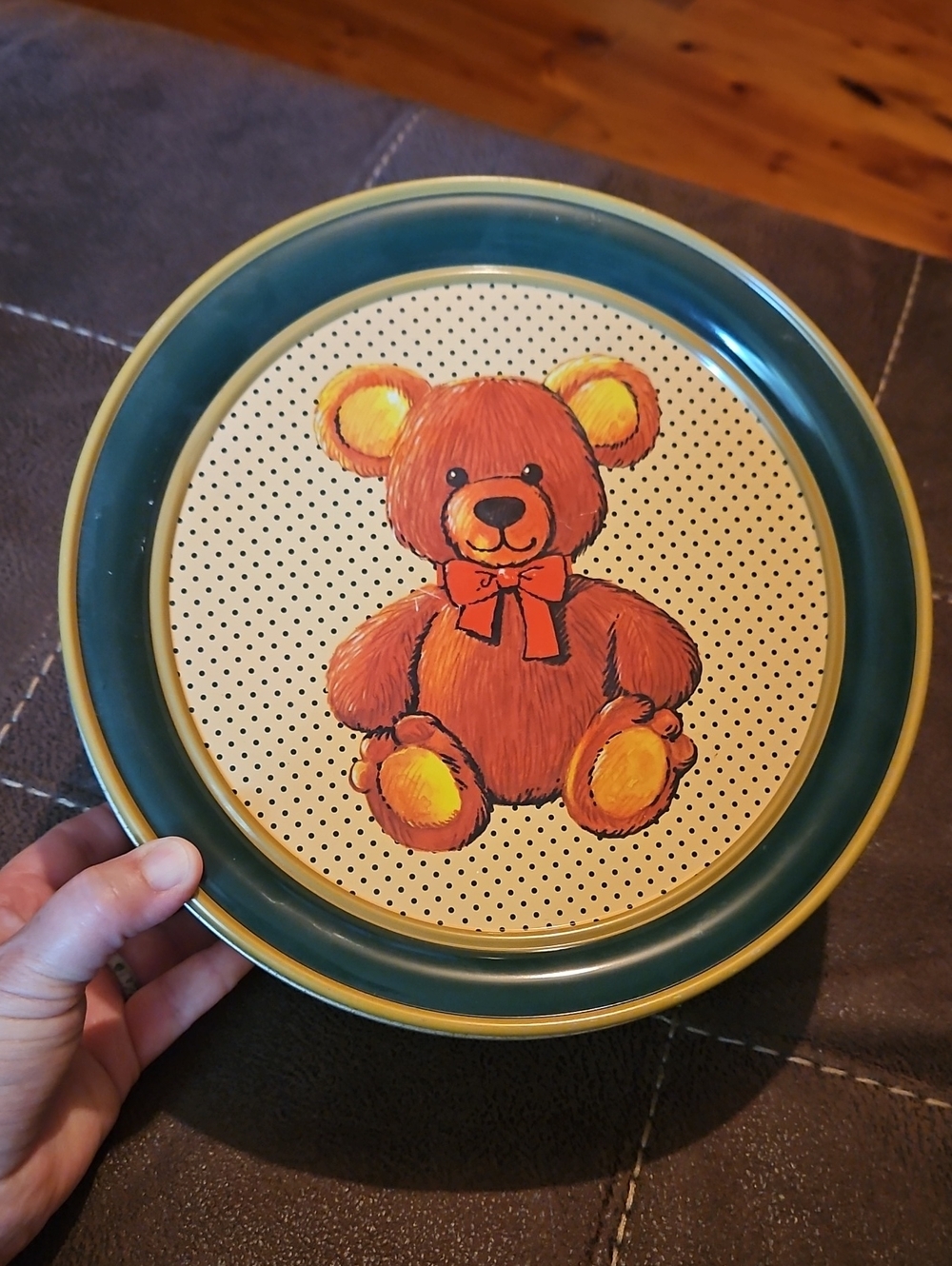 Vintage 80's Teal and Yellow Teddy Bear Decorative Tin Container